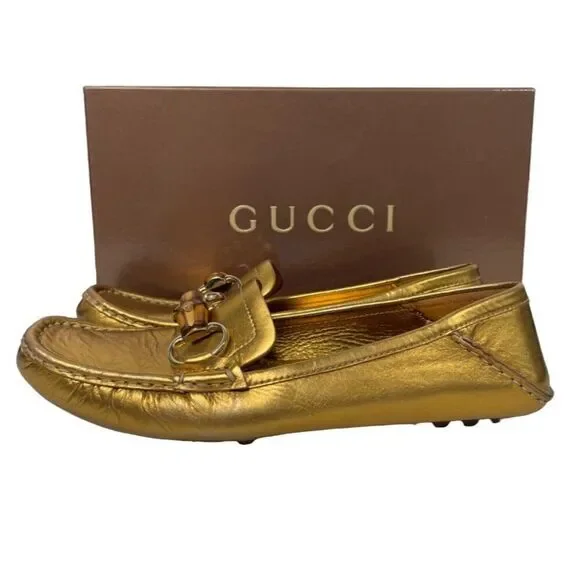Gucci Women's 2000s Accent Gold Leather Loafers Sz 8.5 - Picture 3 of 14